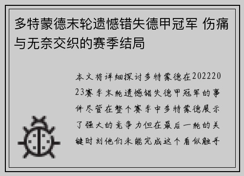 多特蒙德末轮遗憾错失德甲冠军 伤痛与无奈交织的赛季结局